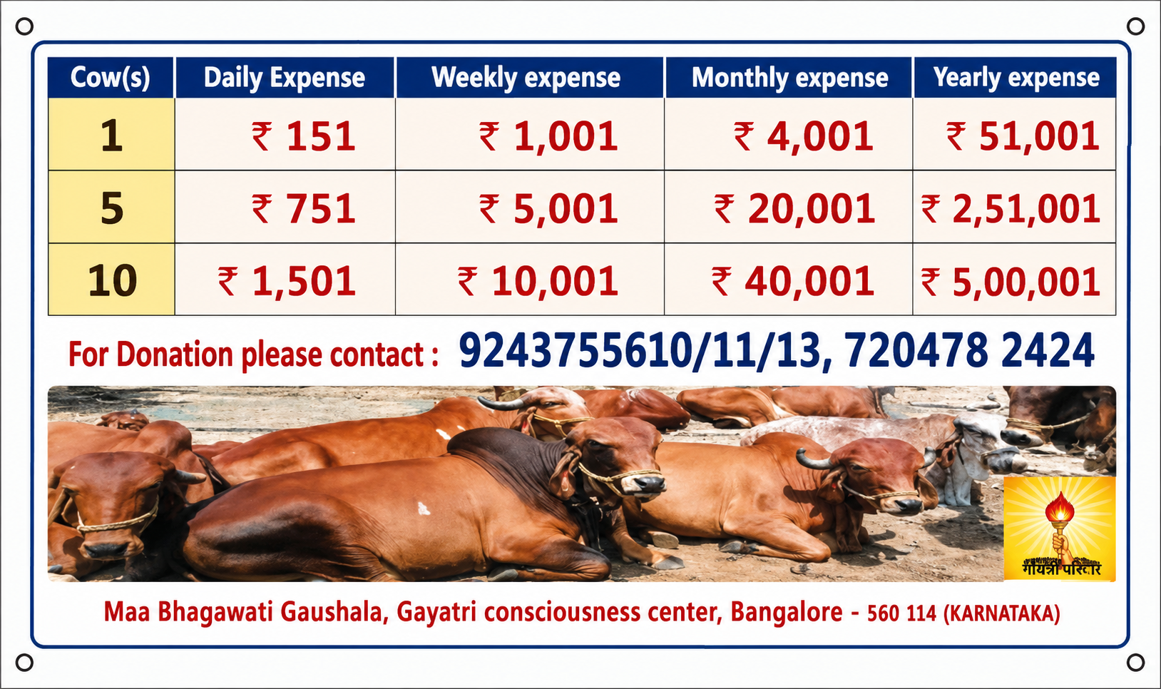 ಗೋ ಸೇವಾ ದೇಣಿಗೆ ದರ ಪಟ್ಟಿ — ಮಾ ಭಗವತಿ ಗೋಶಾಲಾ, ಗಾಯತ್ರಿ ಚೇತನಾ ಕೇಂದ್ರ, ಬೆಂಗಳೂರು